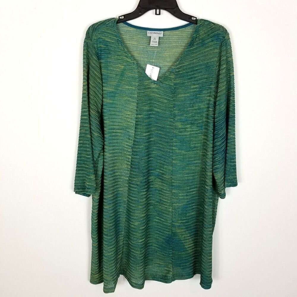 Catherines Women Plus Blouse Top Size 1X Melange Green 3/4 Sleeve V Neck‎ Party